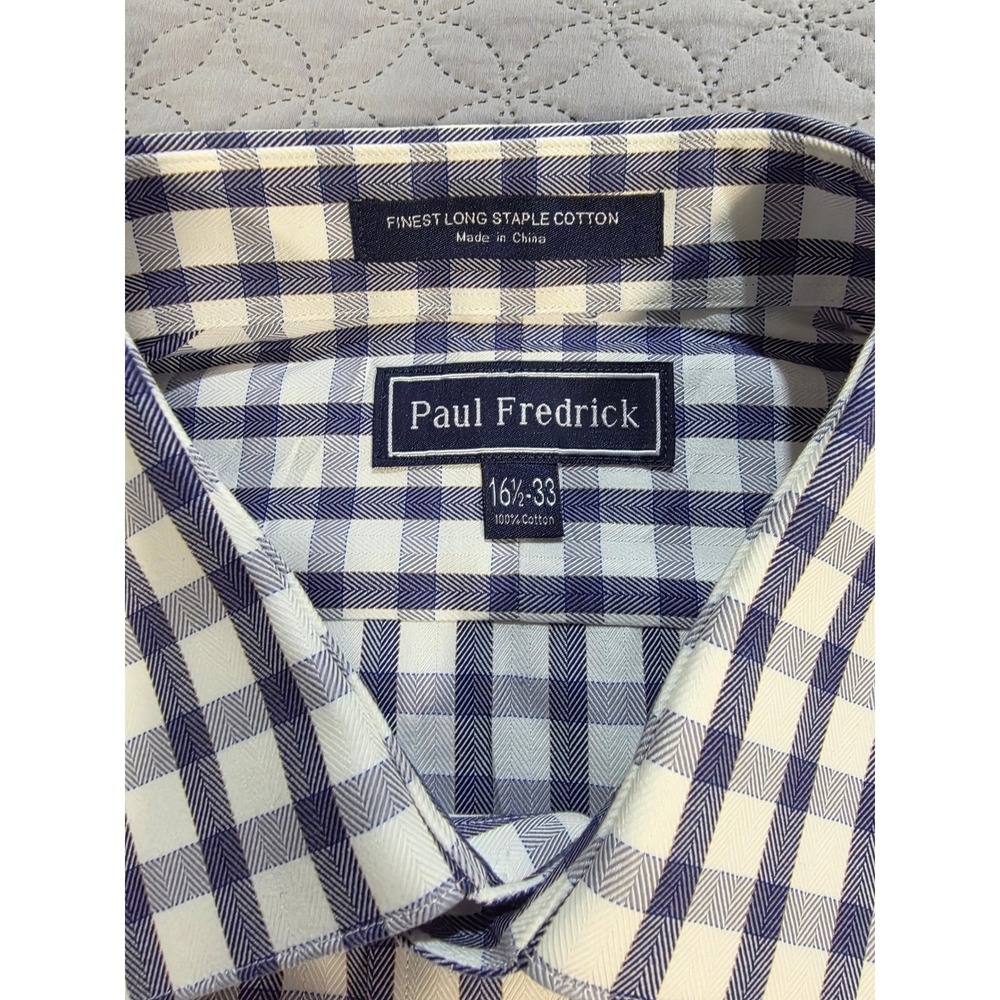 Paul Fredrick Men Blue/White Gingham Check Herringbone Cotton DressShirt 16.5-33 - Picture 5 of 8